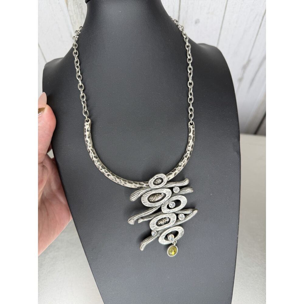 Vintage Silver Tone GEOMETRIC BIB Necklace Unique Rhinestone Accent